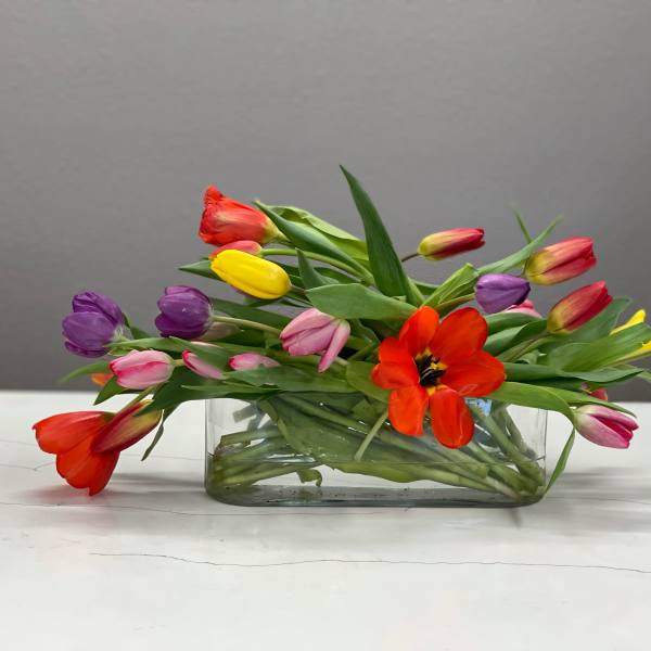 Colorful tulips arranged in a clear rectangular glass vase