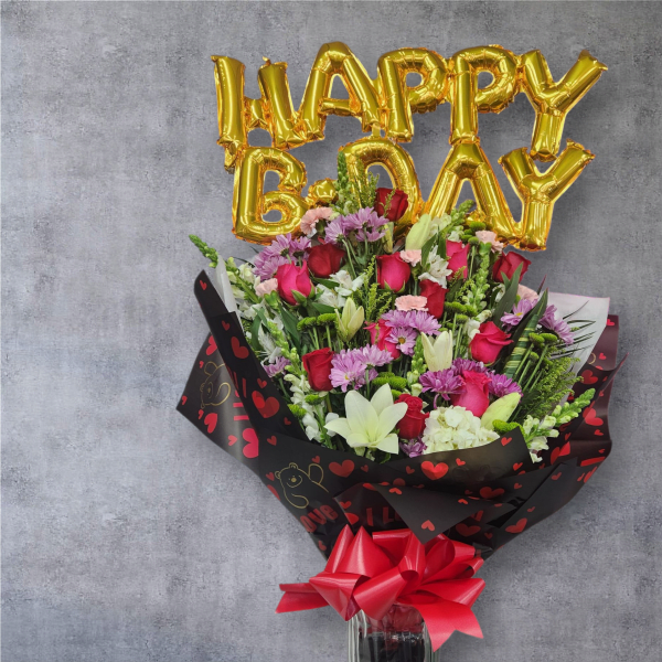 Bouquet of mixed flowers with gold HAPPY BDAY balloons