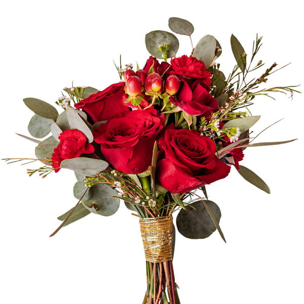Bouquet of red roses with eucalyptus and small accent flowers