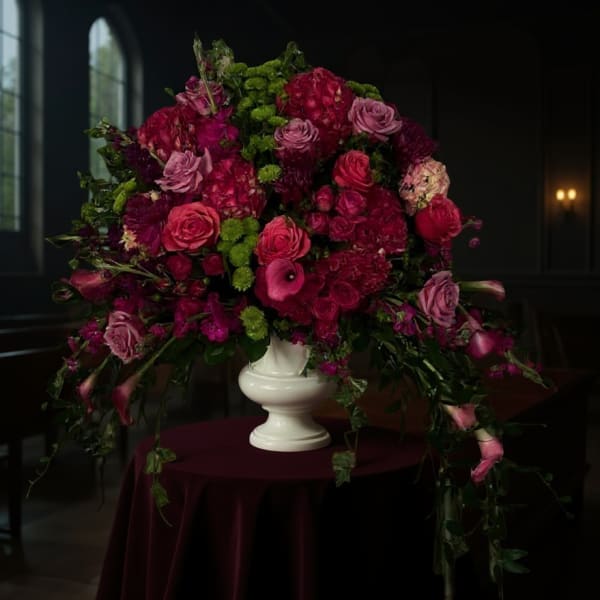 Large magenta and pink floral arrangement in a white urn vase