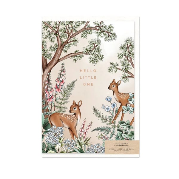 Greeting card with deer and flowers and the words Hello Little One