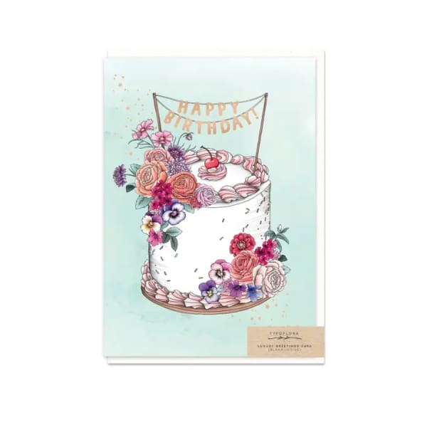 Birthday card with a floral-decorated cake illustration