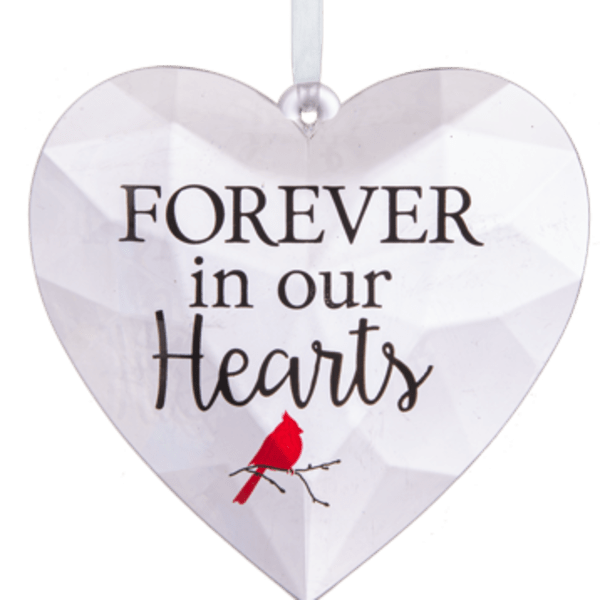 Heart-shaped memorial ornament with the words Forever in our Hearts