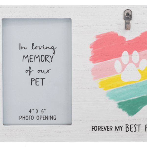 Pet memorial frame with a rainbow heart and photo opening
