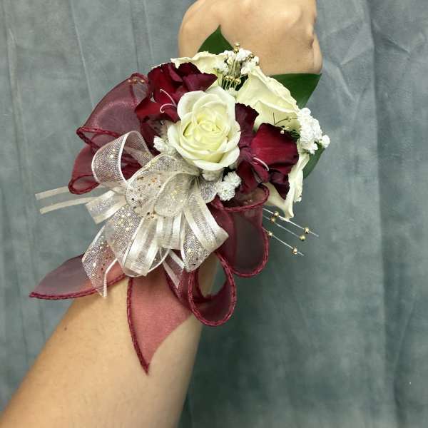 White burgundy wrist corsage