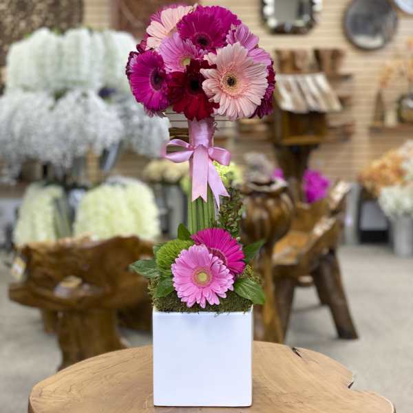 Pink gerbera daisy arrangement in a white square vase with a ribbon