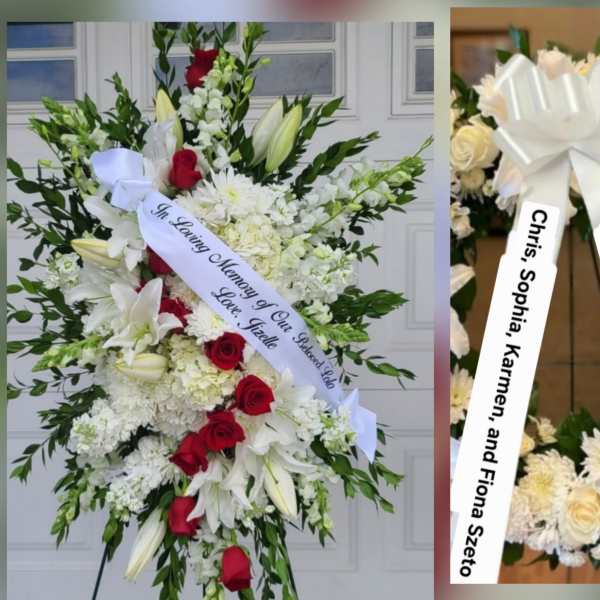 Sympathy Standing Spray - Red Roses & White Lily's