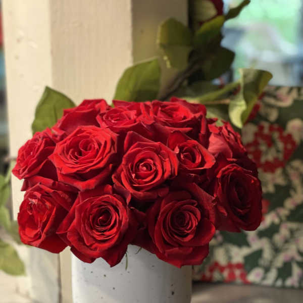 Red roses arranged in a white pedestal vase