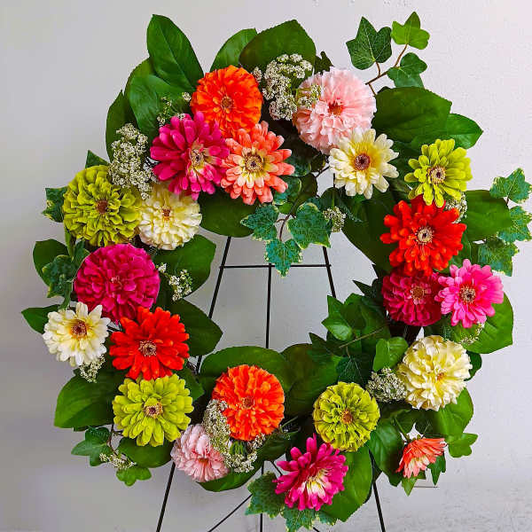 Colorful flower wreath with zinnias on a black stand