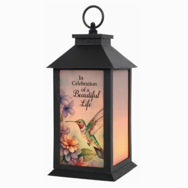 Black memorial lantern with a hummingbird and flowers