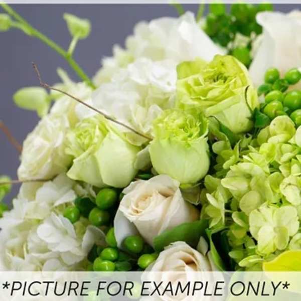 Green and white floral bouquet with roses and hydrangeas