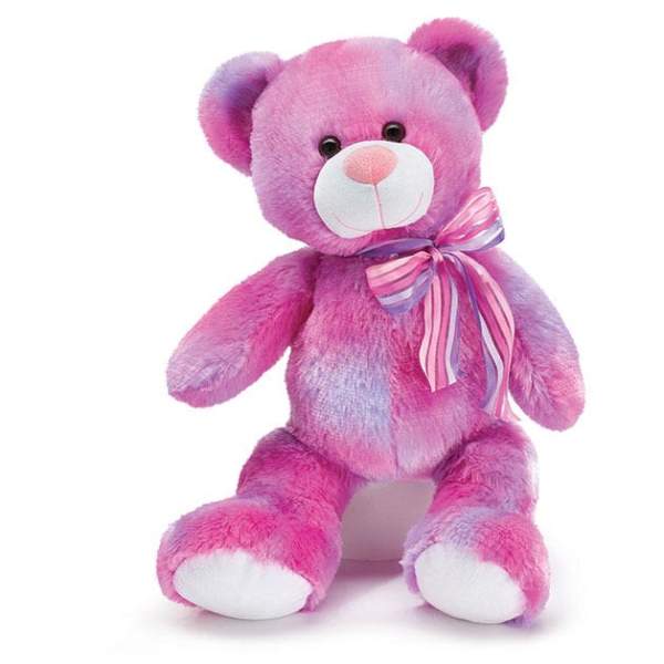 Pink plush teddy bear with a striped ribbon bow