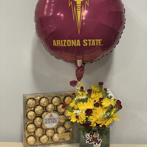Arizona State balloon with a yellow flower bouquet and Ferrero Rocher chocolates