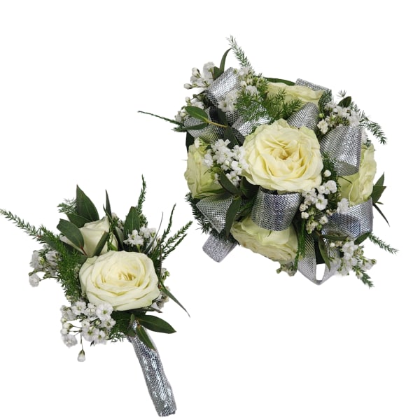 White Spray Rose Wristlet & Boutonniere Set