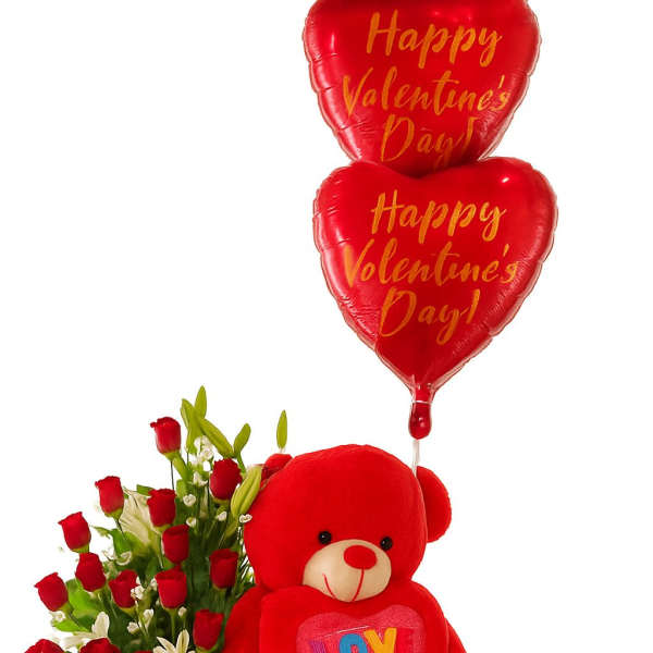 Red teddy bear with heart balloons and a bouquet of roses