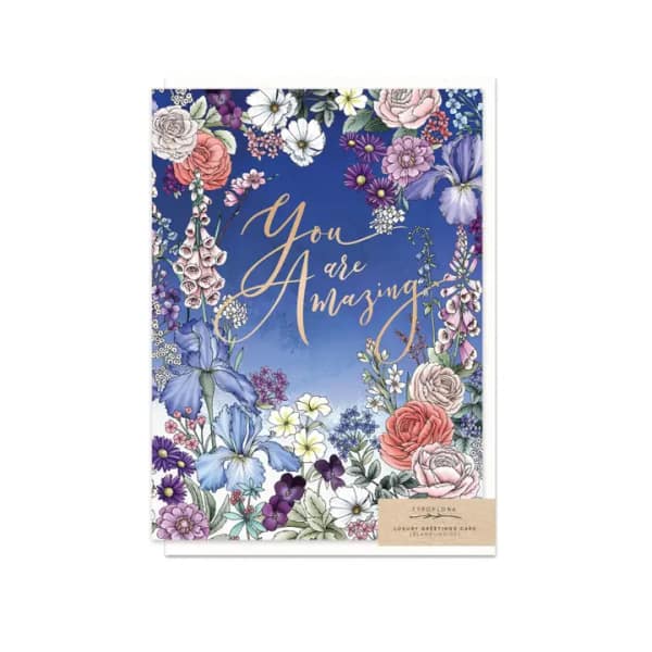 Floral greeting card with "You Are Amazing" text on a blue background