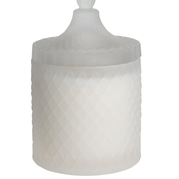 White lidded glass jar with a textured diamond pattern