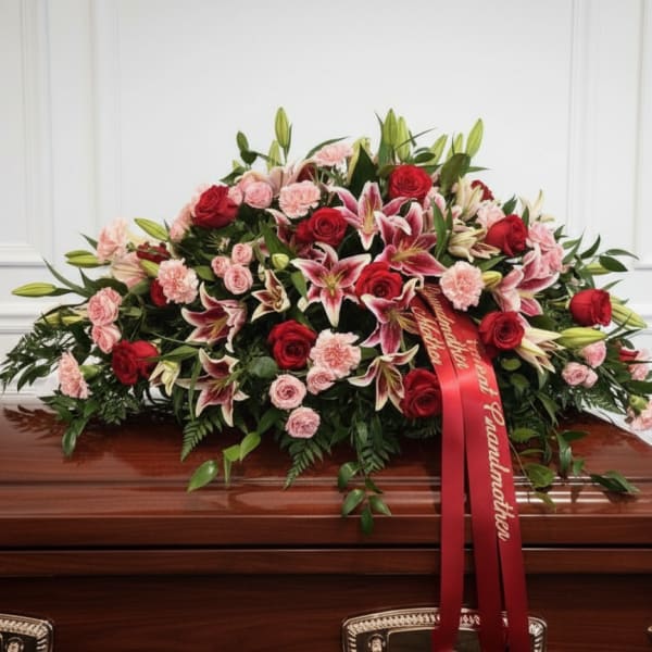 Red and pink floral casket spray with a ribbon on a coffin