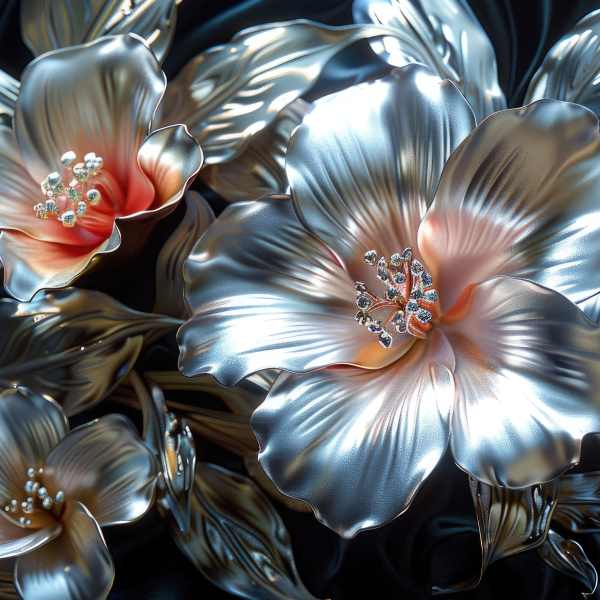 Metallic silver flowers with pink centers on a dark background