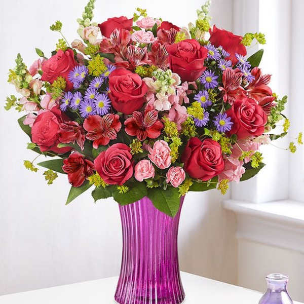 Bouquet of red and pink roses in a purple vase