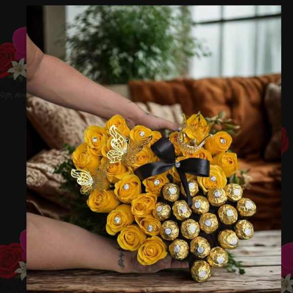 Yellow rose bouquet with Ferrero Rocher chocolates and a black ribbon
