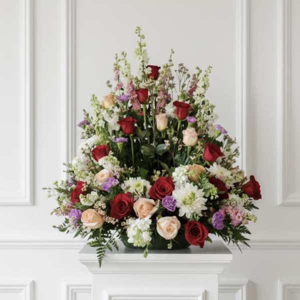 Large arrangement of red, blush, and white roses with mixed filler flowers