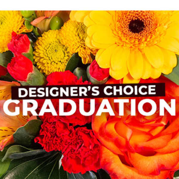 Bright mixed bouquet with yellow, red, and orange flowers and graduation text
