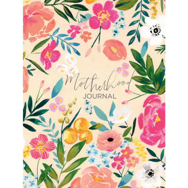 Floral-patterned journal cover with the words "Motherhood Journal"