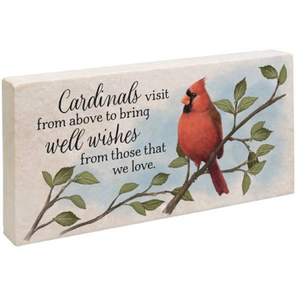 Rectangular sign with a red cardinal on a leafy branch and a message about cardinals bringing well wishes.