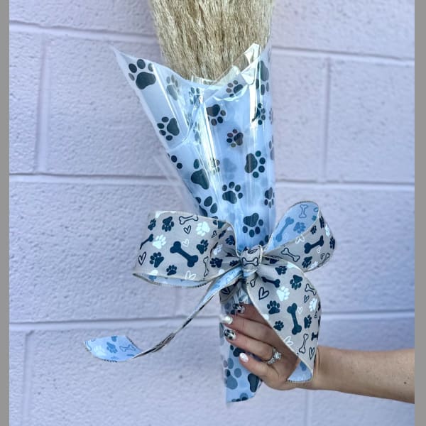 Bundle of dried pampas grass wrapped in paw-print cellophane with a bow