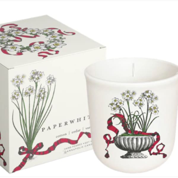 White candle in a frosted glass jar with floral print and matching box