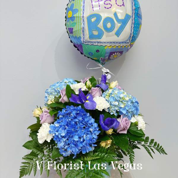 Blue hydrangea bouquet with a "It's a Boy" balloon