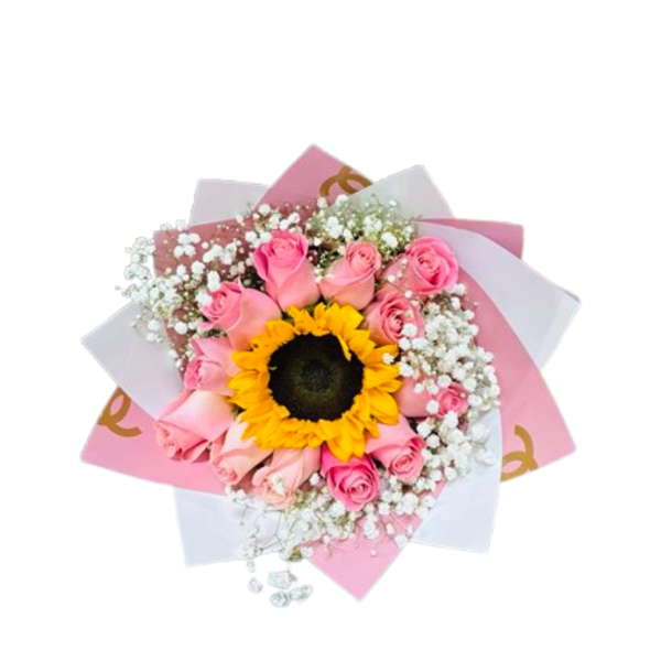 Round bouquet with a central yellow sunflower surrounded by pink roses and white filler flowers in pink and white wrap