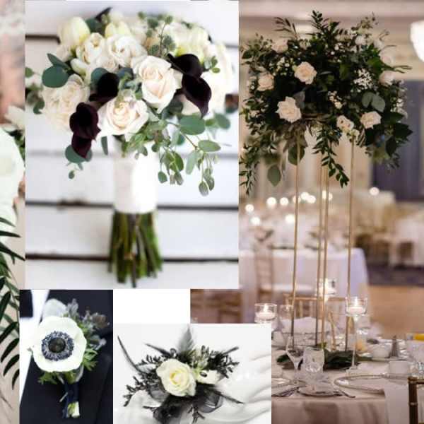 White and dark floral wedding bouquet with greenery and a matching centerpiece