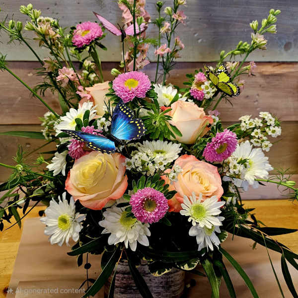 Mixed bouquet with peach roses, white daisies, and pink blooms with butterfly picks