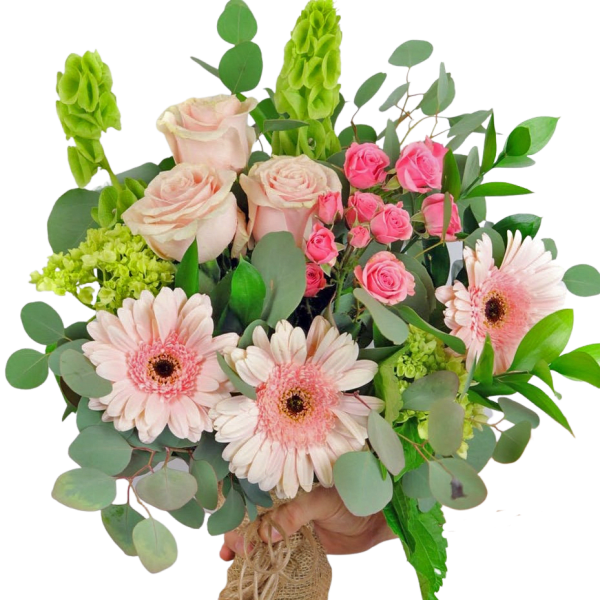 Peachy Pinky Handtied in Free Glass Vase "Designer Choice"