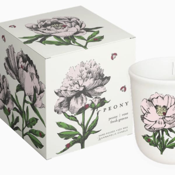 Peony-printed candle in a white glass jar with matching box
