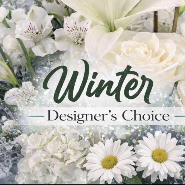 White roses and daisies with winter-themed text overlay