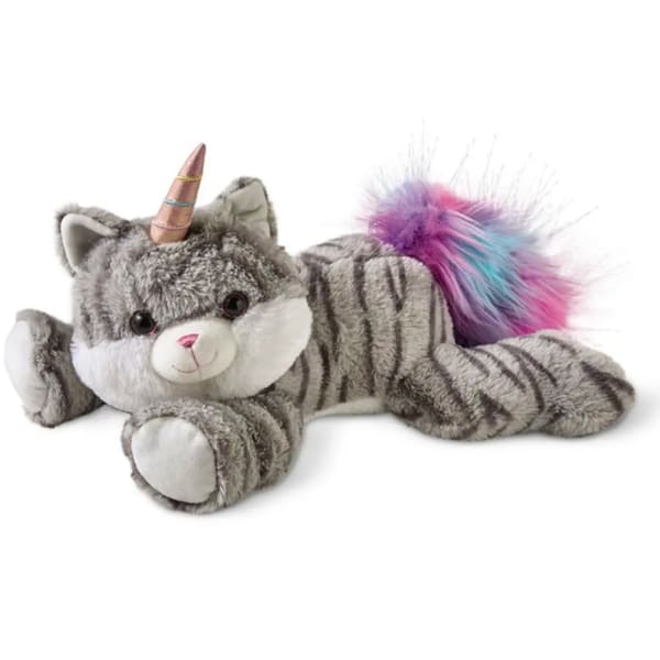 Plush gray cat unicorn toy with a rainbow tail