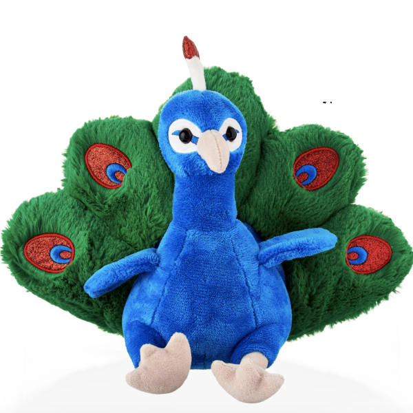 Plush peacock toy with blue body and green tail feathers
