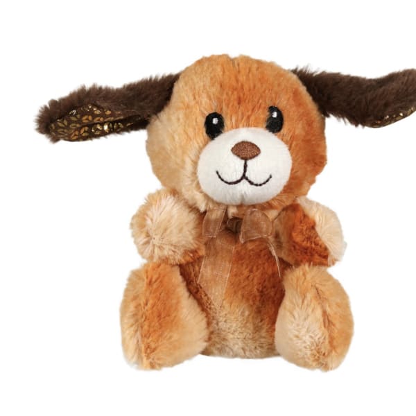 Plush dog toy with floppy ears and a ribbon bow
