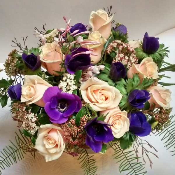 Round arrangement of peach roses and deep purple anemones with airy filler on a white background