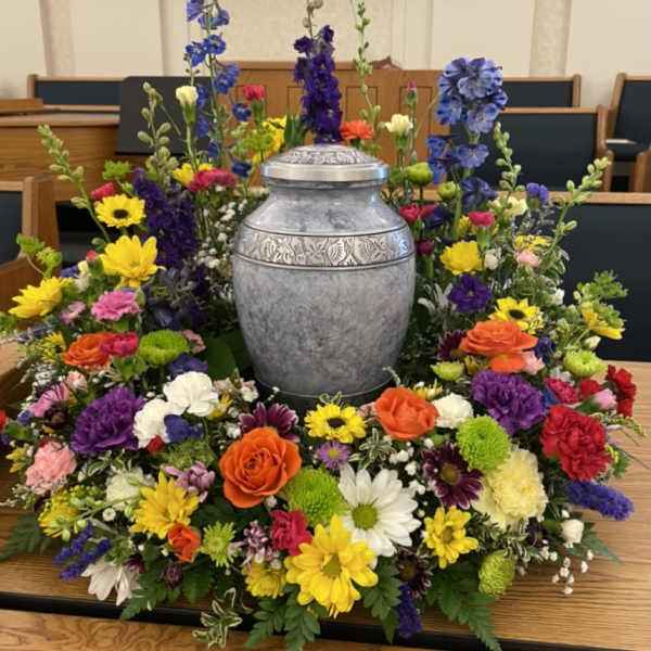 Colorful funeral urn surround with mixed flowers around a silver urn