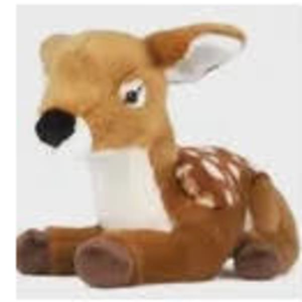Plush deer toy with brown fur and white spots
