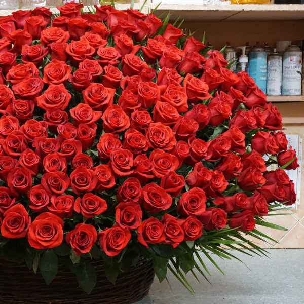 Large basket arrangement of red roses