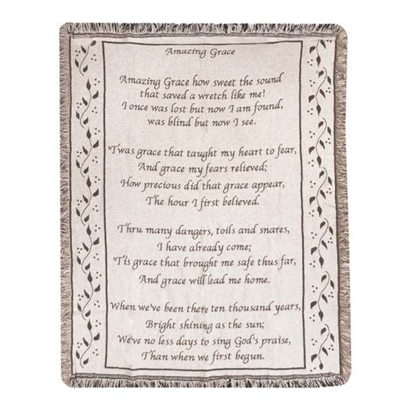 Fringed woven throw blanket with the text of Amazing Grace