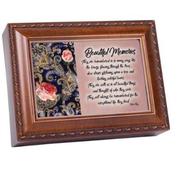 Framed memorial plaque with floral fabric panel and printed verse