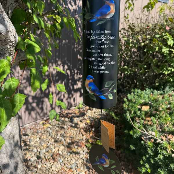 Black memorial wind chime with blue birds and a sympathy poem