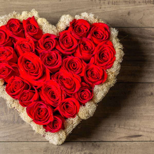 Heart-shaped arrangement of red roses with a pale filler border