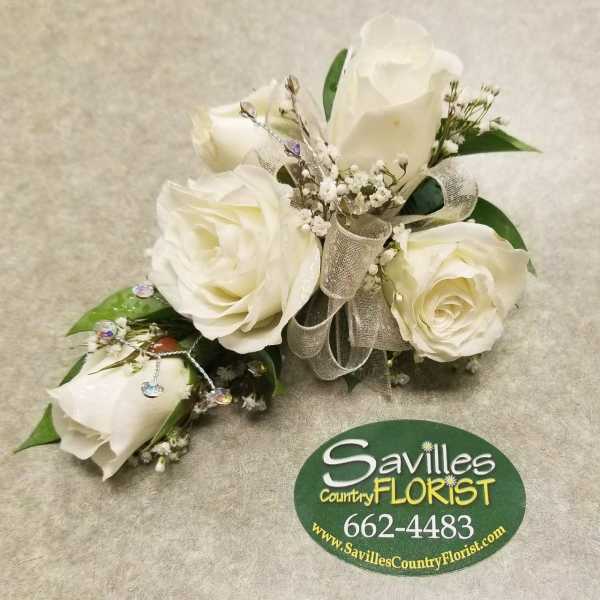 White rose corsage with ribbon and small crystal accents